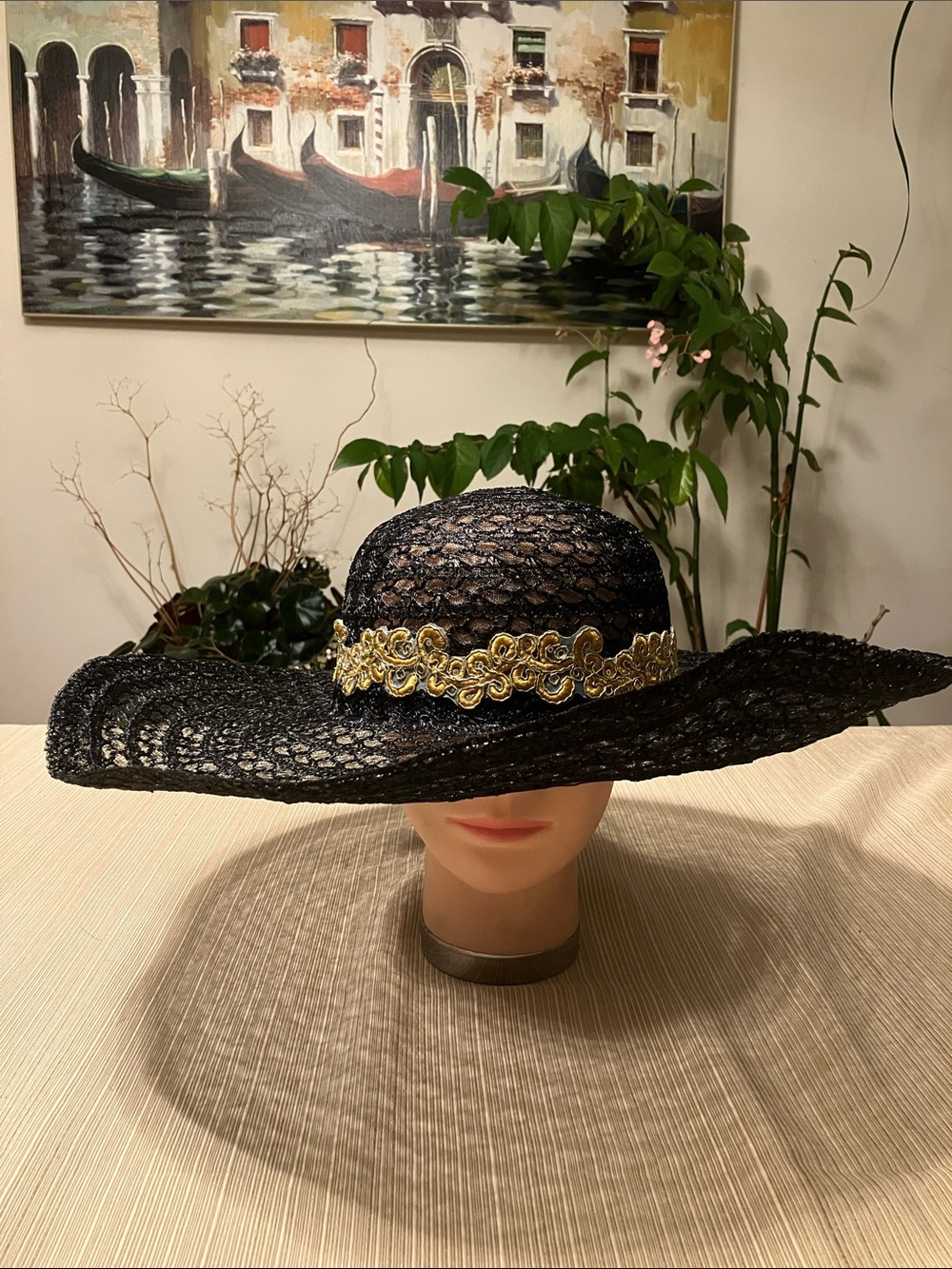 Elegant Black Wide-Brim Lace Like Hat with Gold Embroidered Trim